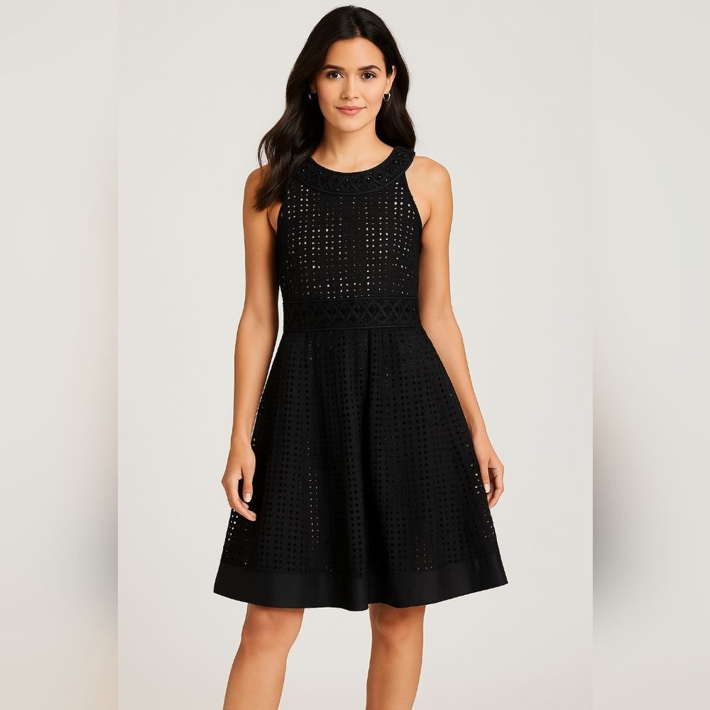 Alexia Admor Black Eyelet Fit Flare Dress Embellished Crochet Cocktail Size L